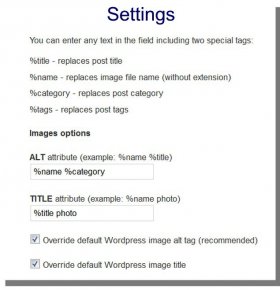 Settings Page for SEO Friendly Images WordPress Plugin